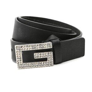 Guess Leather Belt Crystal Rhinestone Buckle Black Silver Bling Logo